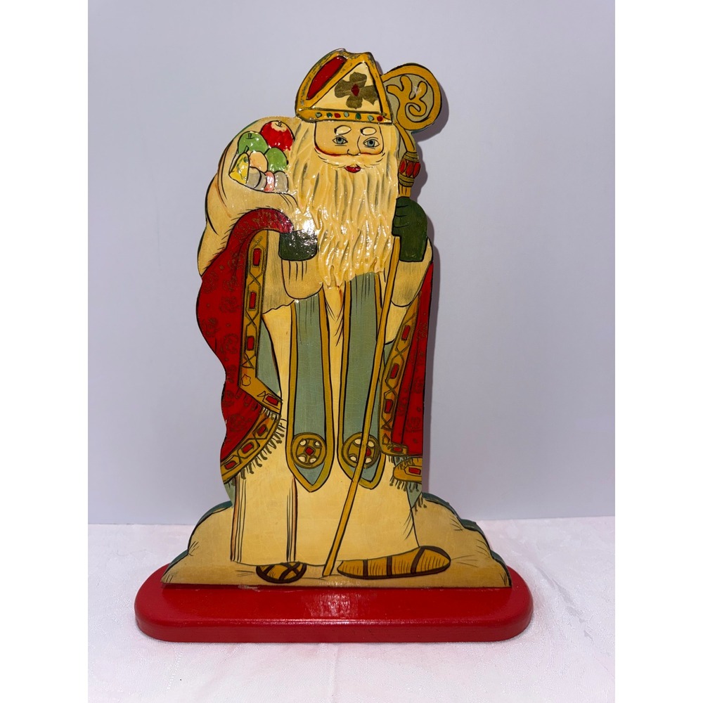 Vintage Wooden St Nicholas Christmas Figurine Hand Painted Folk Art Sinterklaas